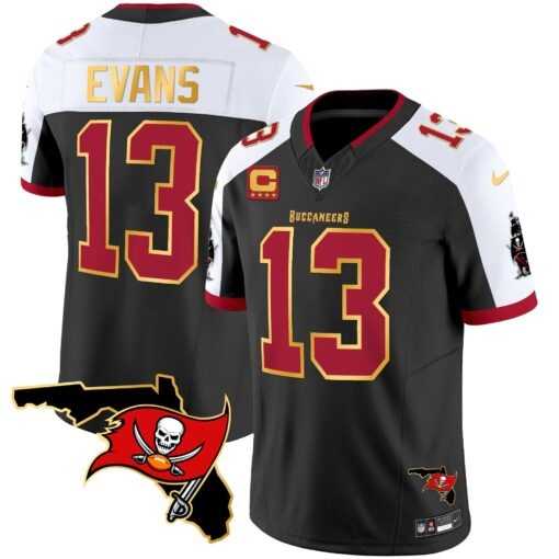 Mens Tampa Bay Buccaneers #13 Mike Evans Black White With Florida Patch Gold Trim Vapor Stitched Jersey Dyin